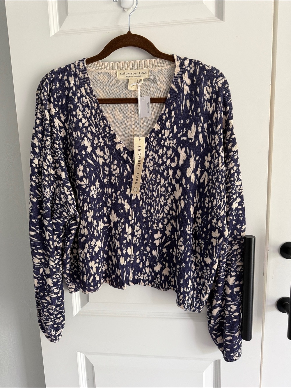 Anthro saltwater LUXE Navy & Cream Floral V-Neck Sweater